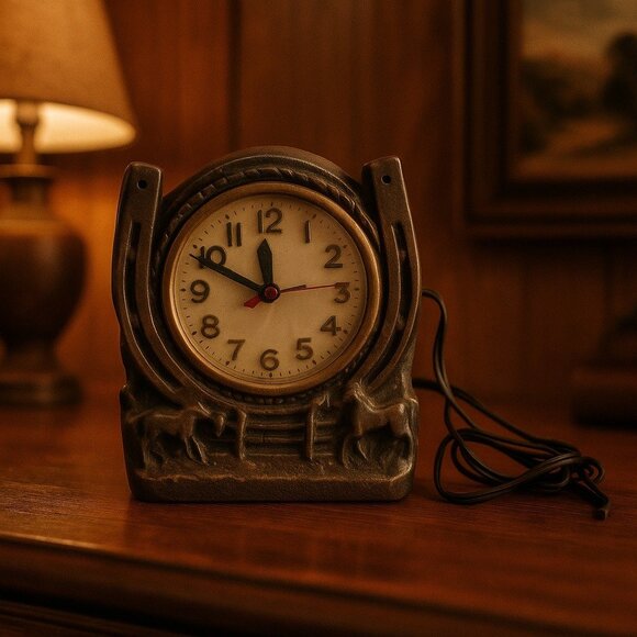 Vintage Horseshoe Western Electric Clock Cast Metal 6x6 Rustic Cabin Decor Not W - Picture 8 of 8